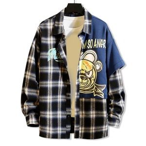 Cartoon Angry Bear Letter Spliced Patchwork Plaid Button Shirt